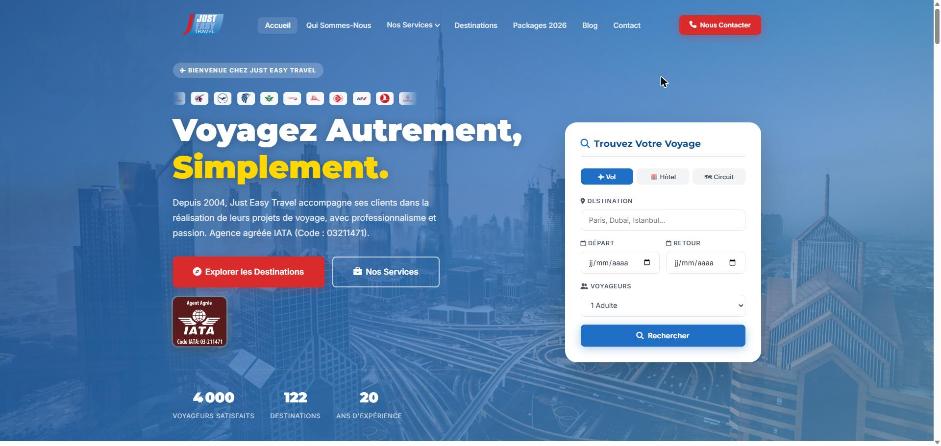 Capture du site Just Easy Travel réalisé par WEBMINDS